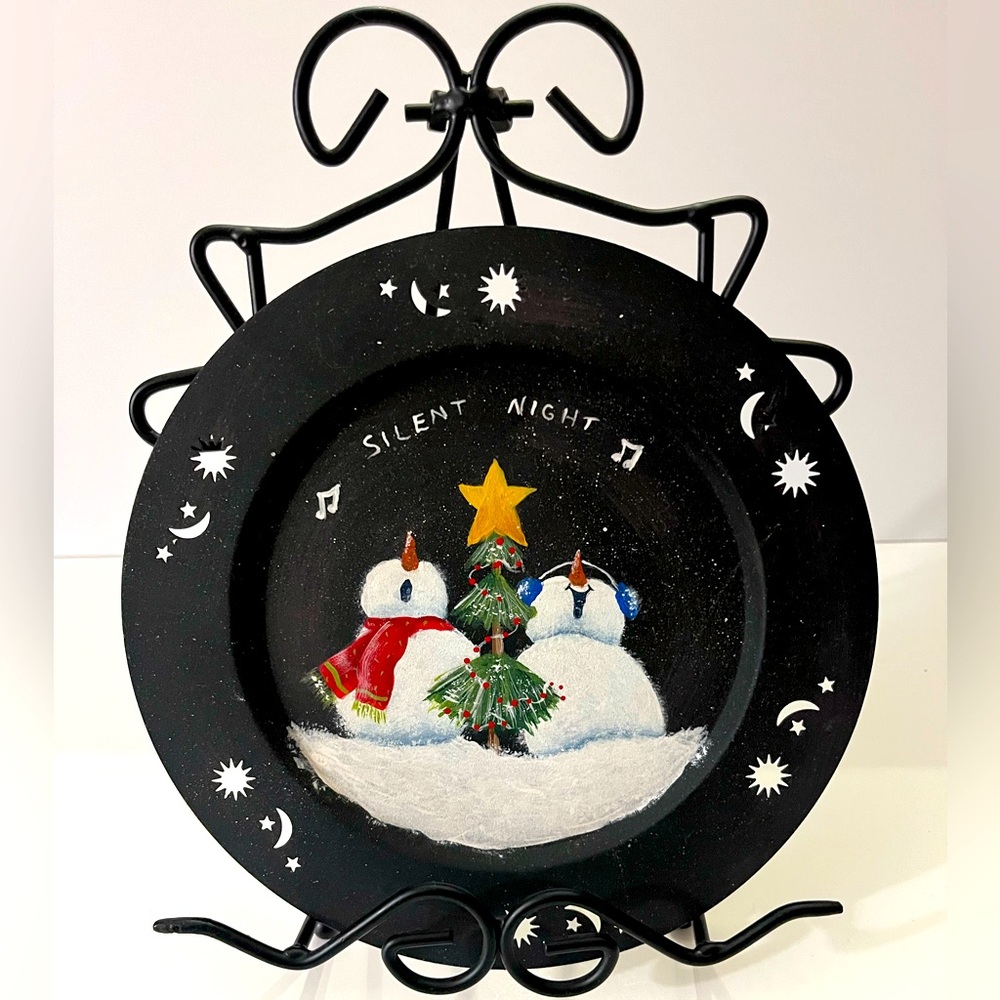 Festive Snowman Decorative Holiday Tin Plate, Farmhouse Vibe, Hand Painted